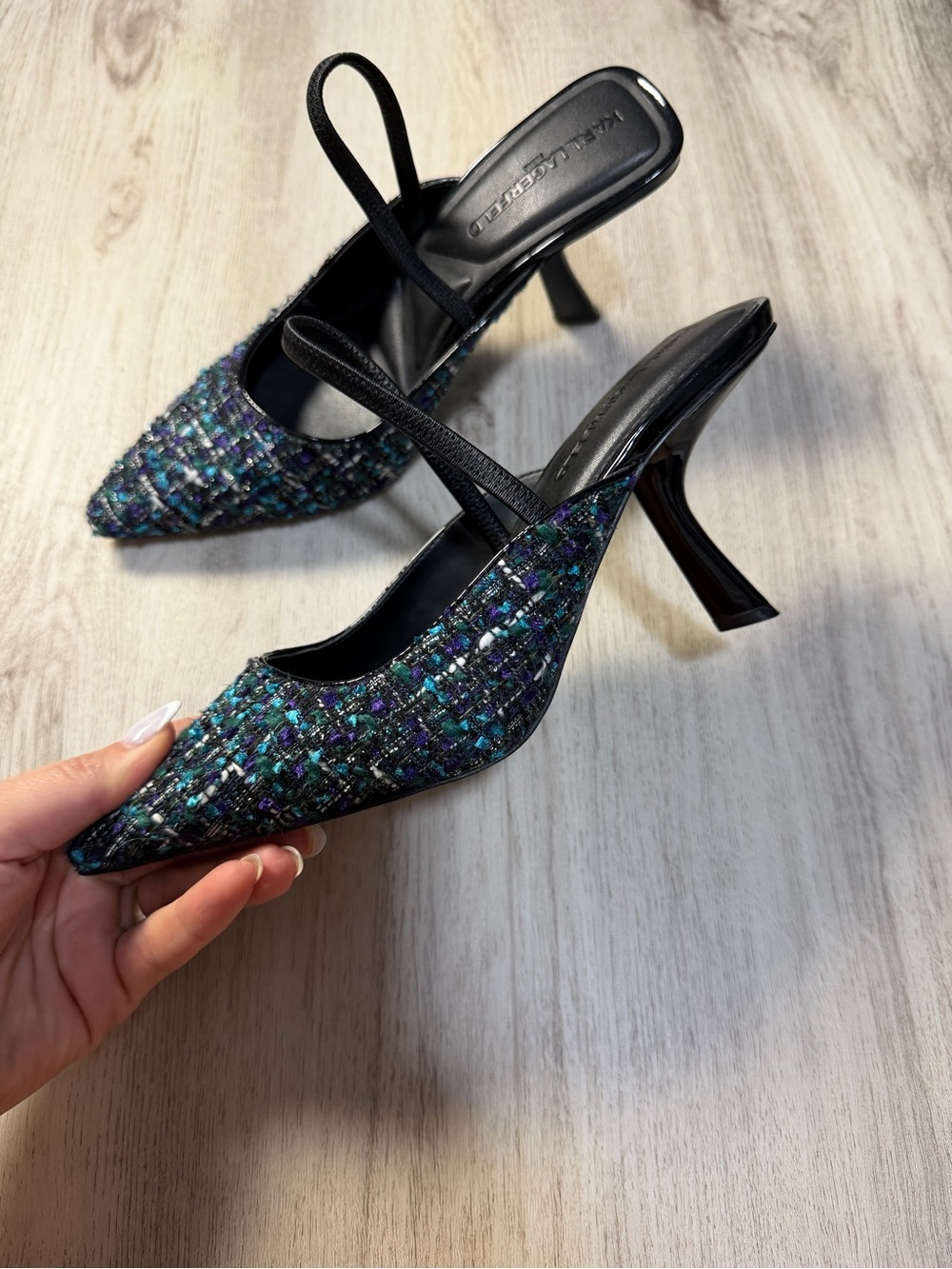 Karl Lagerfeld Teal, Blue & Black Tweed Pointed Slingback Heels